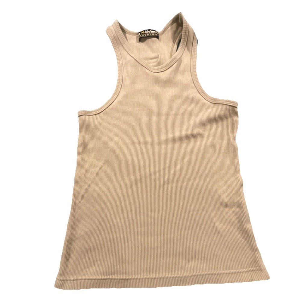 binfamily CUTCHEON Beige Ribbed Knit Racerback Sleeveless Crew Neck Tank Top